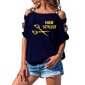 Plaukų Stilistas Žirklės Kirpykla, Grožio marškinėlius 2020 m. Vasarą Moterys Medvilnės trumpomis Rankovėmis Seksualus Tuščiaviduriai Iš Peties Tees