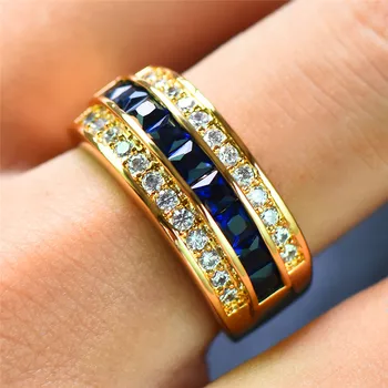 Prabanga Moterų Mėlyna Kristalų Papuošalai Derliaus Geltonos Aukso Spalvos Vestuvinis Žiedas Prabanga Nuotaka Geometrijos Sužadėtuvių Žiedai Moterims