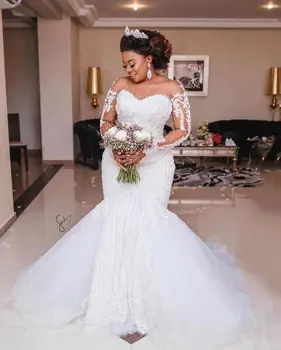 Prabanga Sunkiųjų Duobute Undinė Vestuvių Suknelė ilgomis Rankovėmis Appliques Perlai Afrikos Vestuvinių Suknelių Plius Dydis Vestido de noiva 2019