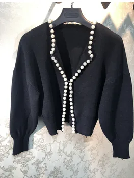 Prabangos Prekės ženklo Dizaineris Megzti Megztinis Moterims V Kaklo Perlų Šikšnosparnių Rankovėmis Megzti Megztinis