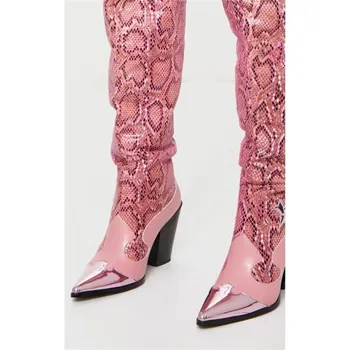 Prekės ženklo mados pažymėjo tne gyvatė spausdinti mikropluošto kelio ilgi batai seksualus aukštakulnius batus, moteris, ponios rudens-žiemos batai rožinė