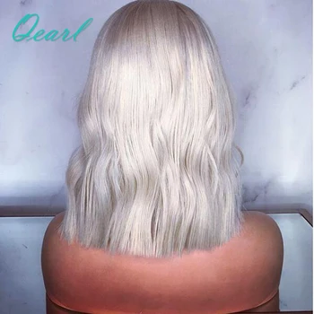 Qearl Platinum Blonde Trumpas Bob Sumažinti Žmogaus Plaukų Perukai Brazilijos Remy Plaukų, Skaidrus Nėriniai Prieš Nupeštos Pusėje Dalis Nėriniai Priekiniai Perukas