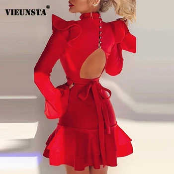 Raudona Moterų Backless Nėriniai-up Tvarstis Šalis Suknelė Rudenį Mygtuką Pynimas Kietas Mini Suknelė Žiemos Golfo Blyksnius Rankovės Seksualus Suknelės