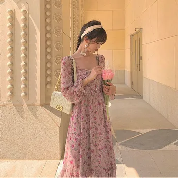 Rausvos spalvos, Elegantiški Gėlių Suknelė Moterims Rudens Spausdinti Šifono Šalis Midi Suknelė Moterų Atsitiktinis korėjos Suknelė 2020 M. Rudenį moteriški Drabužiai