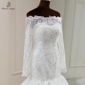 Realus vaizdo Nekilnojamojo nuotraukos ilgomis rankovėmis Appliques stiliaus undinė vestuvių suknelė santuokos suknelė vestidos de novia sereia chalatas de mariee