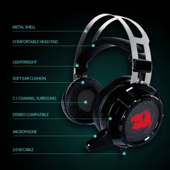 Redragon 7.1 Kanalo Erdvinį Stereo Gaming Headset Per Ear Ausines su Mic Atskirų Vibracijos ir Triukšmo Slopinimo LED Šviesos