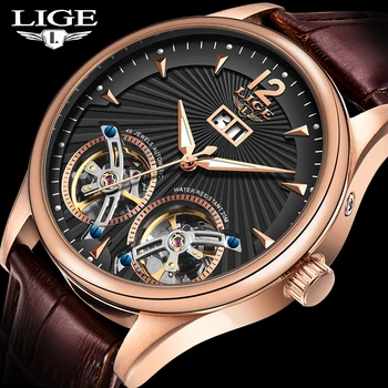 Reloj LIGE Double Tourbillon Šveicarijos vyrų Laikrodžiai Automatinis laikrodis Vyrams Savarankiškai Vėjo Mados Mechaninis Laikrodis Odos Laikrodis