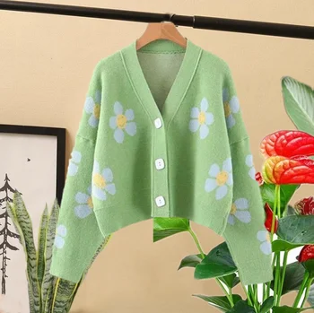 Retro Japonų Stiliaus Gėlių Sukomponuotas susagstomi megztiniai Megztinis Moterims V Kaklo Prarasti elegaht Thicked Traukti Femme Spausdinti Atsitiktinis Trumpas Kailis