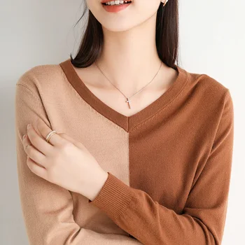 Retro atitikimo spalvos V-kaklo, ilgomis rankovėmis moterų ploni megztiniai dugno marškinėliai 2020 m. rudenį, žiemą naujas viršūnes