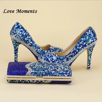 Royal Blue Spalvotų Kristalų vestuvių batai su Macthing krepšiai Ponios Mados batai ir maišelį nustatyti Aukštos platformos batus moteris