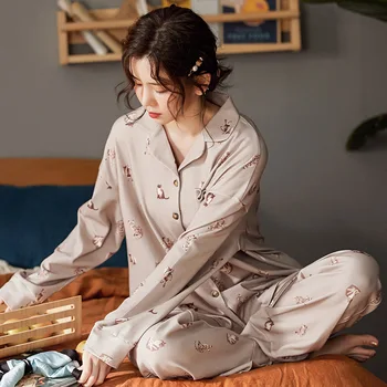 Rudenį Moterų Pižama, Medvilnės ilgomis rankovėmis Namų Drabužiai, Japonų Stiliaus Šviesos Prabangus Medvilnės Plius Dydžio Dviejų dalių Pyama Moteris Rinkinys
