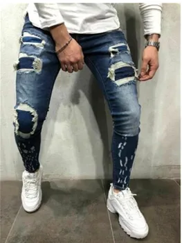 Rudenį Moto & Dviratininkas džinsai Kankina Kratinys Jeans Mens Kelnės Vyrams Slim Stretch kelnės blue hole Pieštuku Kelnės, džinsai vyrams