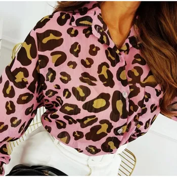 Rudenį ilgomis Rankovėmis, Leopardas spausdinimui moteriški Marškinėliai Viena Breasted Atvartas Atsitiktinis Moterų Marškinėliai Naujas Mados Streetwear Plonas Ponios Viršų