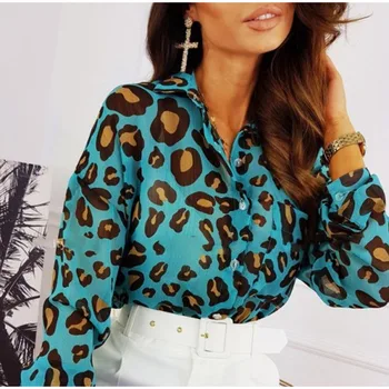 Rudenį ilgomis Rankovėmis, Leopardas spausdinimui moteriški Marškinėliai Viena Breasted Atvartas Atsitiktinis Moterų Marškinėliai Naujas Mados Streetwear Plonas Ponios Viršų