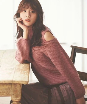 Rudenį ir žiemą Japonijos naujus produktus moterų visų rungtynių vientisos spalvos siūlėmis stebėjimo žibintų rankovėmis megzti megztinis