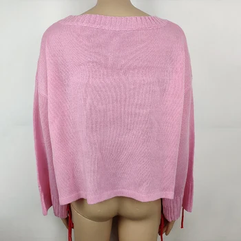 Rudenį, Žiemą 2019 Negabaritinių Džemperis Moterims Prarasti Mezgimo Jersey Apvalios Kaklo Mados Rožinė Dirželiai Megztinis Blyksnius Rankovės Streetwear
