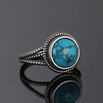 S925 Sterlingas Sidabro Žiedai 10 MM Apvalus Natūralus Turkis Moterų Vestuves Jubiliejus Fine Jewelry Žiedas Vintage Stiliaus