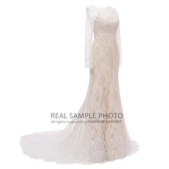SENOVINIŲ Nėrinių Nuotakos Suknelė ilgomis Rankovėmis Backless Nuotakos Undinė Šampano Vestuvės Užsakymą realios foto gamyklos kainų #1023