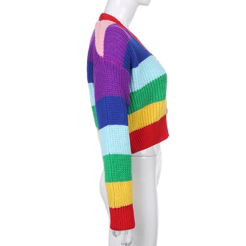 SUCHCUTE 2020 Streetwear Modis Longslive Vaivorykštė Dryžuotas Moteris Cardigan Megztiniai korėjos Stilius Derliaus Moterų y2k Apkarpytos Megztinis
