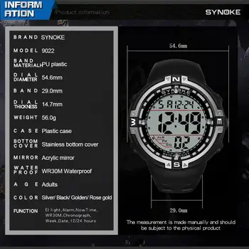 SYNOKE Vyrų Laikrodžiai Multi funkcinis Vandeniui Veikia Sekundžių, Elektroninių Šviesos Sporto Didelės Dial Skaitmeninis Relogio Laikrodis