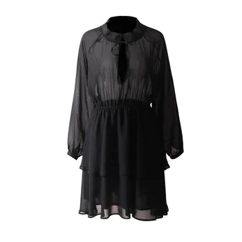 Seksualus Golfo Šifono Moterų Vasaros Suknelė ilgomis Rankovėmis Pavasarį, Rudenį Midi Šalis Suknelė Elegantiškas Pynimas-line Juodos spalvos Drabužius Skraiste