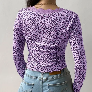 Seksualus, Moterų V-Kaklo Leopardas spausdinti Tee viršūnes Mados ilgomis rankovėmis Slim Mygtukus, T-marškinėliai, Rudenį, Pavasarį Ruched Nėrinių Atsitiktinis Apkarpytos Tee