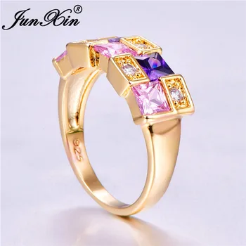 Senovinių Kvadratinių Rainbow Crystal Akmens Žiedai Moterims Geltonos Aukso Rožinė, Violetinė Šampano Vestuvių Juostas Nuotakos Spalvinga Papuošalai CZ