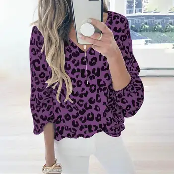 Sexy Tunika TopsWomens Marškinėliai Rudenį Ilgai Žibintų Rankovės Leopardas Spausdinti Palaidinės V-kaklo Office Marškinėliai Atsitiktinis Palaidų Blusas Plius Dydis