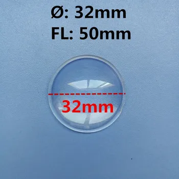 Skaidraus akrilo plano išgaubto objektyvo skersmuo 32 mm, židinio ilgis 50mm
