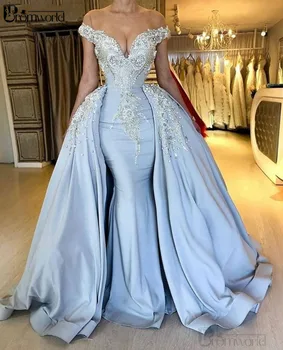 Sky Blue Undinė Musulmonų Vakarinę Suknelę 2021 Puošnios Gėlės Off Peties V-Kaklo, Seksualus Vakare Gown Abiye Oficialų Suknelė Šalis Vestido