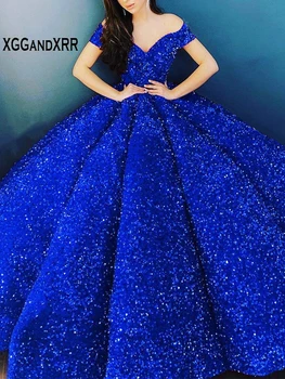 Sparkly Royal Blue Quinceanera Suknelę 2020 Elegantiškas Off Peties China Pynimas Korsetas Reljefiniai Kamuolys Suknelė Promenadzie Suknelė Prabanga Arabų Stiliaus