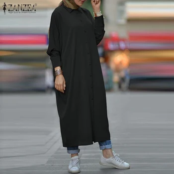 Stilingas Mygtuką Skraiste Kaftan Moterų Musulmonų Maxi Suknelės ZANZEA 2021 Atsitiktinis ilgomis Rankovėmis Atvartas, Vestidos Moterų Marškinėliai Suknelė Plius Dydis