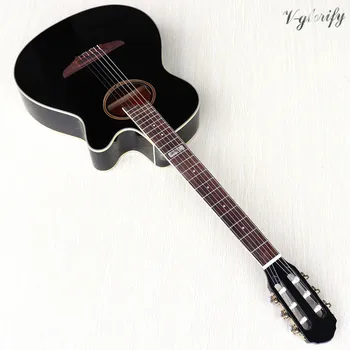 Stock juoda cutaway dizaino elektrinė klasikinė gitara, 39 colių blizgančios klasikinė gitara su EQ imtuvo funkcija pradedantiesiems