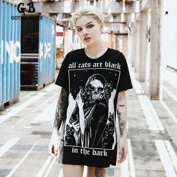Sunfiz YF Gothic Black Moterų, O-Kaklo trumpomis Rankovėmis Laišką Kaukolė Katė Spausdinimo Ilgai marškinėliai 2020 metų Vasaros Goth Punk Moterų Prarasti Viršūnės