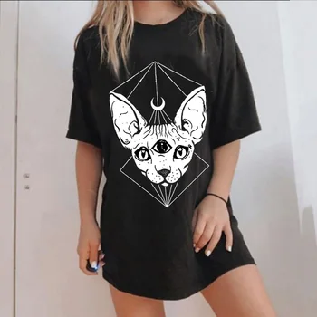 Sunfize HJN Punk, Gothic Sfinksų Kačių Galvos Mėnulis Spausdinti marškinėliai Black Ragana Simbolis Tshirts už Goth Merginos Moterų Medvilnė Tee