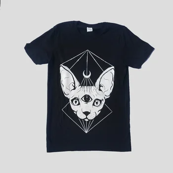 Sunfize HJN Punk, Gothic Sfinksų Kačių Galvos Mėnulis Spausdinti marškinėliai Black Ragana Simbolis Tshirts už Goth Merginos Moterų Medvilnė Tee