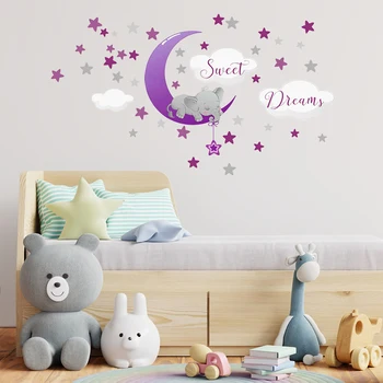 Sweet Dream Žvaigždė, Mėnulis Lipdukas, skirtas Kūdikių, Vaikų Kambarys Rožinė, Violetinė Sienų Lipdukai Dramblys Plakatas Miegamasis Freskos Adesivo de Parede J233