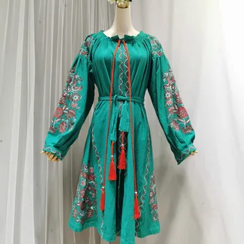 TEELYNN ilgomis rankovėmis midi tunika suknelės žalios spalvos gėlių siuvinėjimas 2020 vintage suknelė vestidos boho atostogų Atsitiktinis moterų suknelė skraiste