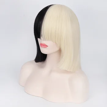 Tai Veikia SIA Anime Cosplay Perukas Sintetinis Plaukų Moteris Tiesiai Helovinas Pusė Šviesūs Juoda Trumpa Bob Perukai Su Kirpčiukais 35cm