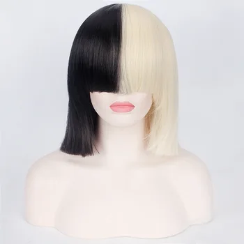 Tai Veikia SIA Anime Cosplay Perukas Sintetinis Plaukų Moteris Tiesiai Helovinas Pusė Šviesūs Juoda Trumpa Bob Perukai Su Kirpčiukais 35cm