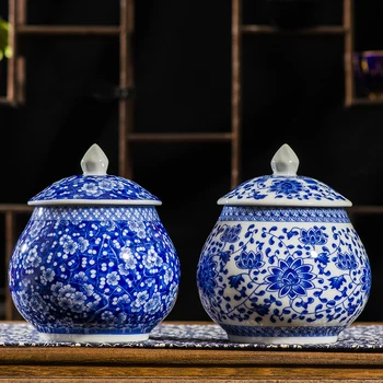 Tradicinės Kinų Stiliaus Klasikinis Jingdezhen 250gTea Caddy Lauke Balta ir Mėlyna Porceliano Uždaromos Kung Fu Arbatos Jar Saugojimo Talpyklą