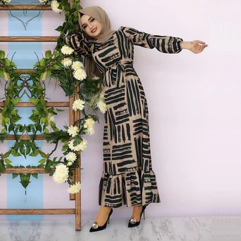 Turkijos Maxi Suknelės, Kuklus Geometrinis Spausdinti Visą Rankovės Ruffles Hem Suknelę, Ilgą Musulmonų arabų Islamo Drabužių Maroko kaftan