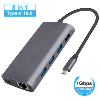 USB C Hub Adapteris, Nešiojamųjų kompiuterių (Notebook Docking Station 8 1 USB 3.0 HDMI, RJ45 Gigabit SD TF HP Huawei