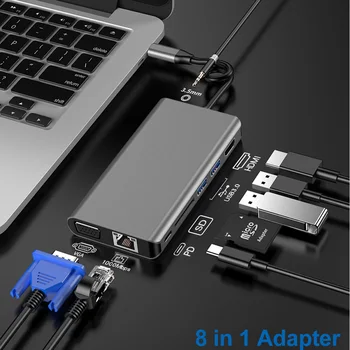 USB C Hub Tipas-C, HDMI VGA, Rj45 1000Mbps Ethernet SD Kortelės Lizdas Reader 