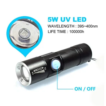 UV Lempa USB Įkrovimo 3 Režimas 365nm Ultravioletinių Mini UV LED Žibintuvėlis Liuminescencinės Jade Pinigų Detektoriai, UV Kietėjimo Šviesos, UV LED