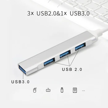 Universaliųjų Metalo USB C HUB C Tipo 3x USB 2.0 + USB 3.0 4 Port Splitter Adapteris CENTRU Nešiojamas KOMPIUTERIS Kompiuterį, Mobilųjį Telefoną, Tabletės