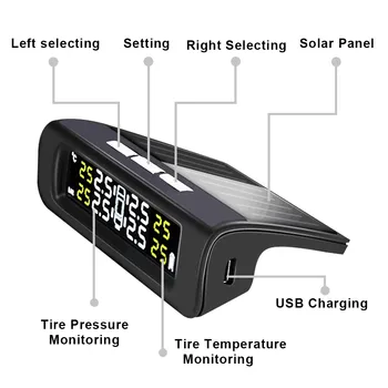 Universalus PSSS Belaidžio Padangų Slėgio Stebėjimo Sistema, Saulės Energijos Spalvotas LCD Ekranas su Oro Nuotėkio Įspėjimo Aukštos Temperatūros Aliarmas