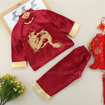 Vaikai Tradicinės Kinų Stiliaus Dragon Siuvinėjimo Tango Kostiumas Berniukui, Mergina Vaikų Naujųjų Metų Šaliai Komplektus KungFu Rytietiškų Drabužių Rinkinys