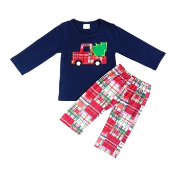 Vaikai ilgos rankovės siuvinėjimas apranga berniukas navy spalvos viršų su automobilių ir medžio modelio rungtynės kelnes drabužių rinkinys berniukams Kalėdų apranga