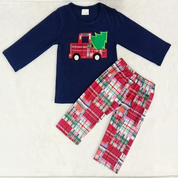 Vaikai ilgos rankovės siuvinėjimas apranga berniukas navy spalvos viršų su automobilių ir medžio modelio rungtynės kelnes drabužių rinkinys berniukams Kalėdų apranga